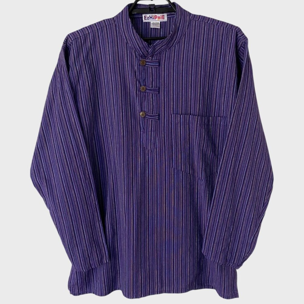 EzHippie Retro Striped Grandad Collared Shirt Purple Men's Size XXL 100% Cotton
